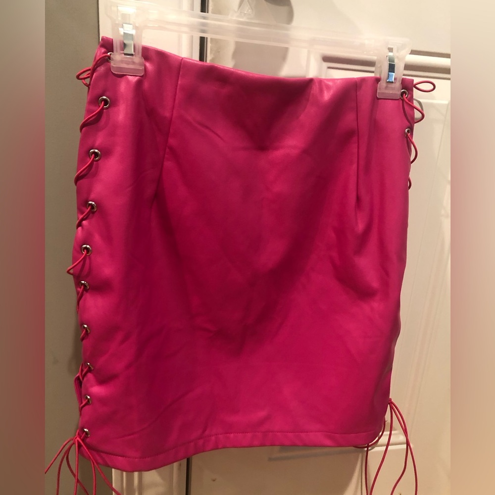 Prettylittlething pink faux leather mini lace up skirt medium/US 6